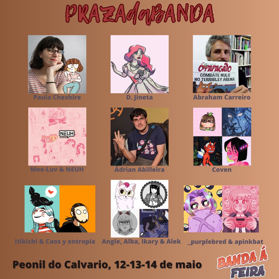 O espazo PRAZAdaBANDA é para a arte autoeditada, é para as persoas que queren mostrar as súas creacións. Un mercado artístico e alternativo. Achégate á PRAZAdaBANDA, na peonil do Calvario, xunto ao Mercado, para atopar a obra de:
...