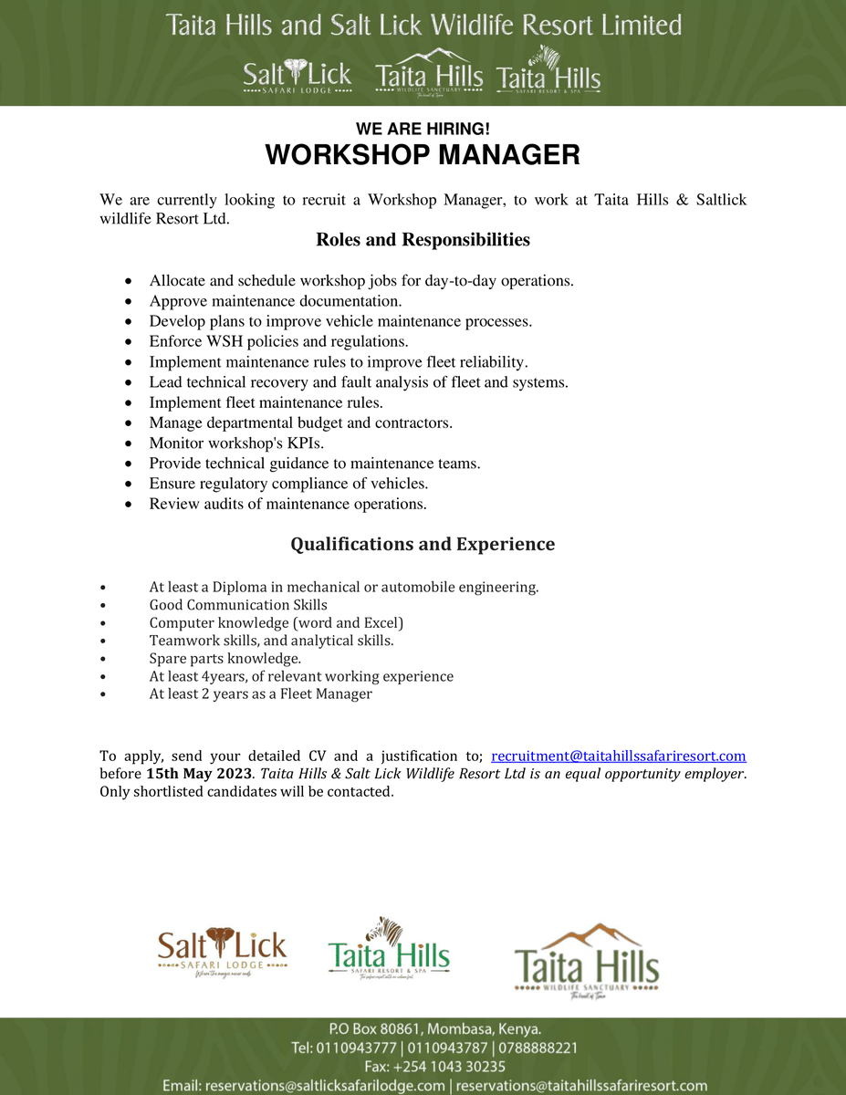 Taitahillresort's tweet photo. Are you a skilled Workshop Manager looking for a new opportunity? ๐ ๏ธ We're hiring! Join our team and lead a group of talented individuals in creating quality work. Apply now and take the first step toward a fulfilling career.
#ResortWithAnUrbanFeel
#JobOpening #WorkshopManager #NowHiring