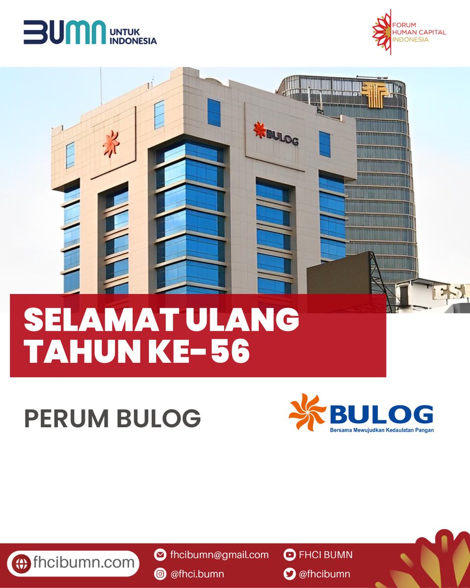 fhcibumn's tweet image. Semangat Pagi! #SobatBUMN dan Sobat FHCI! 🇮🇩

Selamat Ulang Tahun untuk Perum BULOG yang ke-56! 🇮🇩

Semoga panjang umur, jaya selalu dan terus bermanfaat untuk kemajuan Indonesia. 

#ForumHumanCapitalIndonesia
#FHCI
#BUMN
#BUMNUntukIndonesia