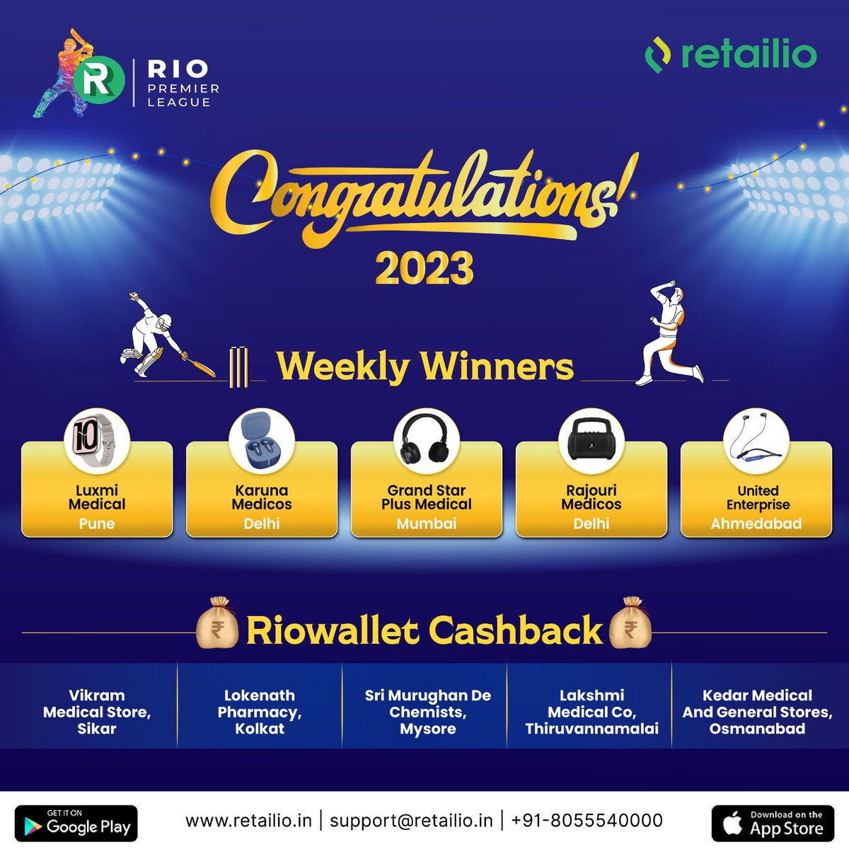 retailioapp's tweet photo. 🎉 Congratulations to our RPL Week 5 Winners!🎉

You too can win prizes by Scoring runs in the Rio Premier League'23 ✨

Login to your Retailio App for more details!💯

#Retailio #RetailioPremierLeague #RPL #Winners #IPL23 https://t.co/T9HQgNu8Gi