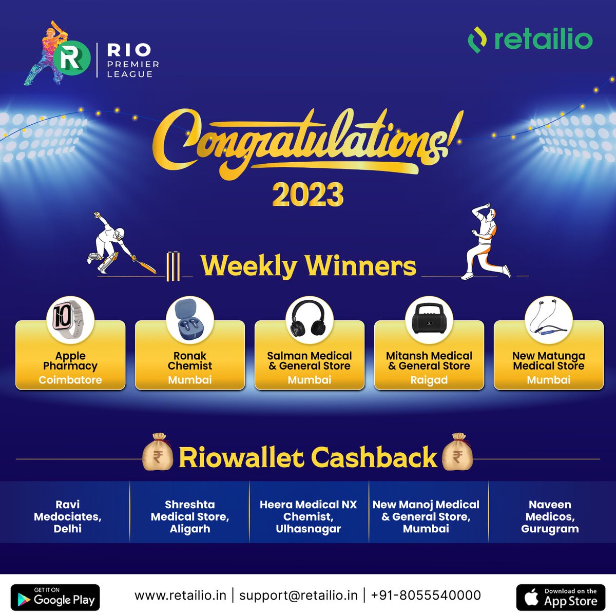 retailioapp's tweet photo. 🎉 Congratulations to our RPL Week 5 Winners!🎉

You too can win prizes by Scoring runs in the Rio Premier League'23 ✨

Login to your Retailio App for more details!💯

#Retailio #RetailioPremierLeague #RPL #Winners #IPL23 https://t.co/T9HQgNu8Gi