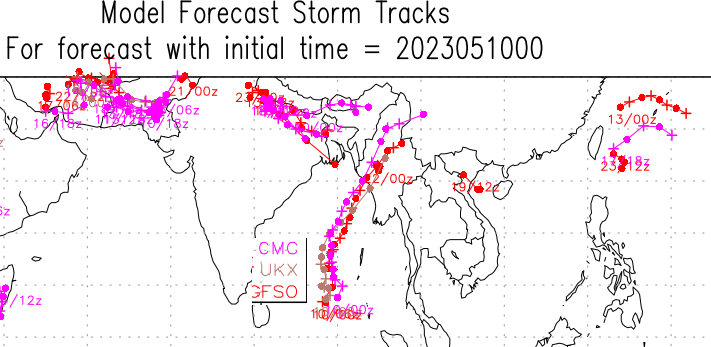 Selwyyyyn's tweet image. Models are slowly arriving with a tight consensus pic on track &amp;amp; landfall area . Recent track projection from GFS,CMC &amp;amp;UKMET   #Myanmar   #CycloneMocha #CycloneMochaUpdate  #Cyclone #MJO 
DC :@NWSEMC @NOAA_GFDL