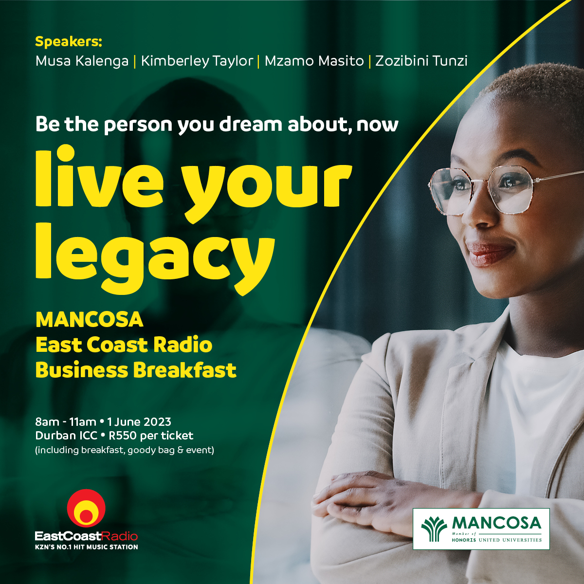 Get your ticket for the MANCOSA East Coast Radio Business Breakfast Thursday, the 1st of June at the Durban ICC. Tickets are limited, so get to quicket.co.za to get yours now. For more info, hit ecr.co.za

#MANCOSAECRBusinessBreakfast @MANCOSA