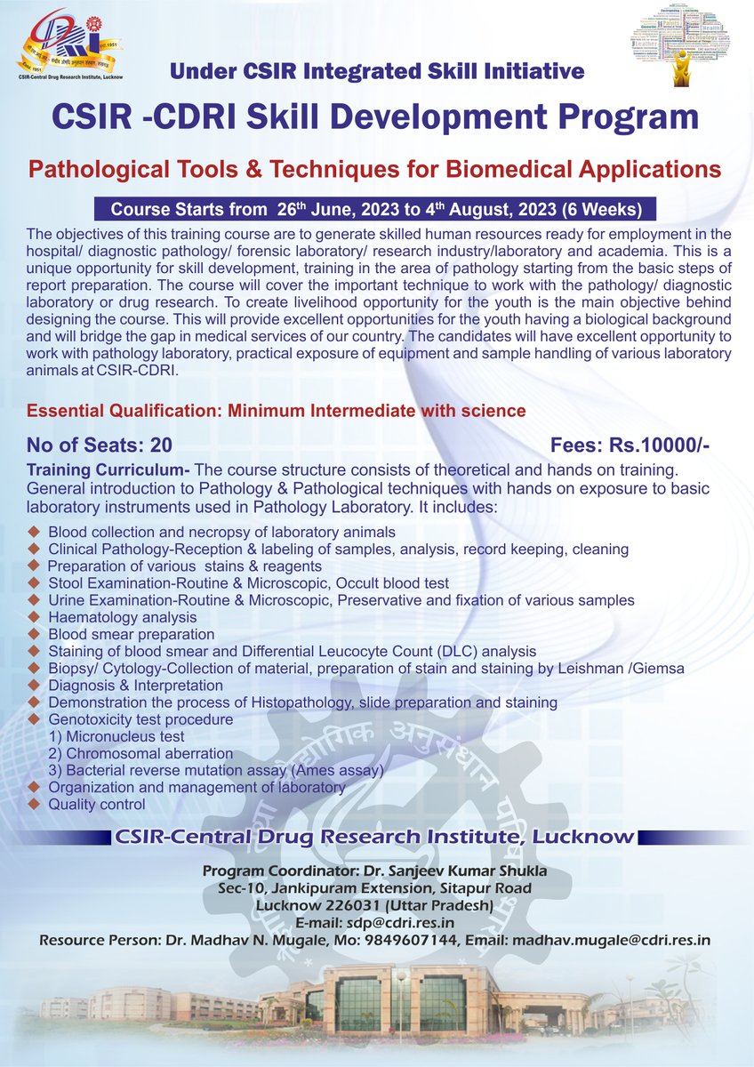 CSIR_CDRI's tweet photo. #SkillDevelopmentProgram @CSIR_CDRI on #PathologicalTools & #Techniques for #BiomedicalApplications
@CSIR_IND @CsirSkill @MSDESkillIndia @skillshare @IndiaDST @DBTIndia @ICMRDELHI @ugc_india @AICTE_INDIA @AIMtoInnovate @PMOIndia @PIB_India @DDNewslive https://t.co/ObwvzRnMKI