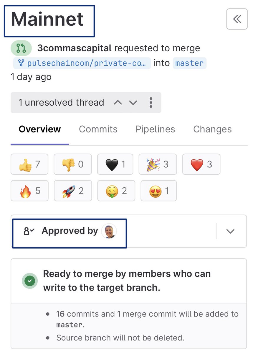 • Richard Heart asks if we’re ready for Mainnet 
• Mainnet merge requested 
• Mainnet merge is now APPROVED  
 • #PulseChain developers are now laughing when getting asked about 2 weeks 
• Sounds like it’s much sooner 

I don’t believe till I see it but Mainnet will probably