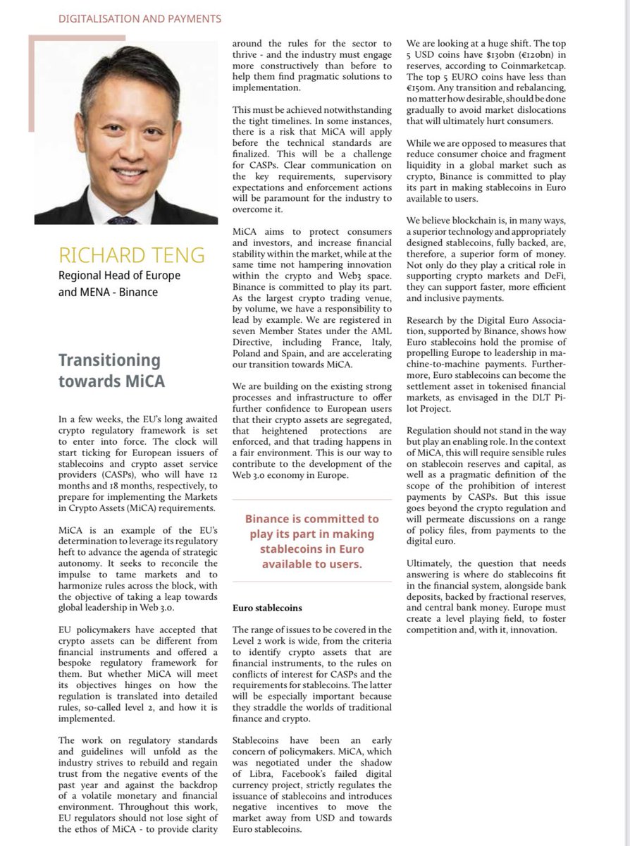 The new MICA framework provides regulatory clarity and consistency for crypto businesses in EU.  A model for other regulators to emulate.

Great to work on an article based on this new legislation while representing #Binance at Eurofi