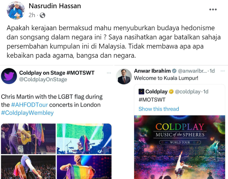 NewsBFM's tweet photo. 1. PAS committee member Nasrudin Hassan has advised the government to cancel Coldplay’s upcoming concert in Malaysia.

In a Facebook post, he wrote that the event would not benefit religion, the people or the country. https://t.co/3oBxynr2WW