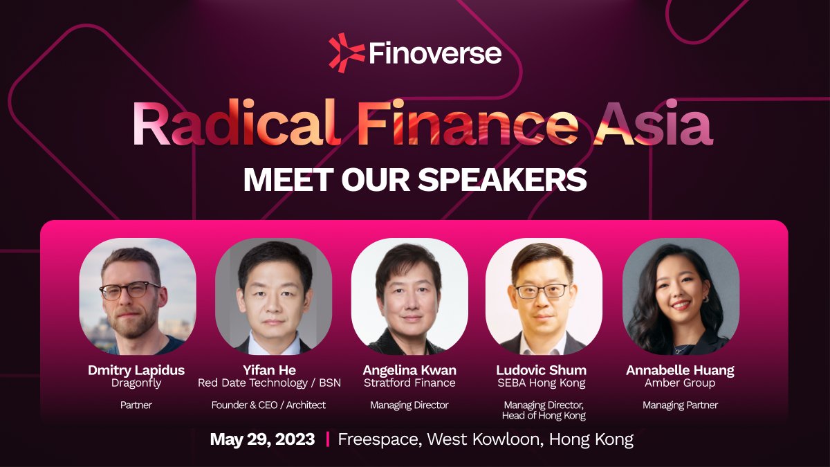 Time to meet our 1st wave of speakers for #RadFiAsia: Dmitry Laidus of <a href="/dragonfly_xyz/">Dragonfly ＞|＜</a>, Yifan He of Red Date Technology &amp; <a href="/bsnbase/">Blockchain-based Service Network (BSN)</a>, Angelina Kwan of Stratford Finance, Ludovic Shum of @WeAreSEBA &amp; <a href="/_annabellehuang/">Annabelle Huang</a> of <a href="/ambergroup_io/">Amber Group</a> 

Stay tuned as we'll reveal more speakers over
