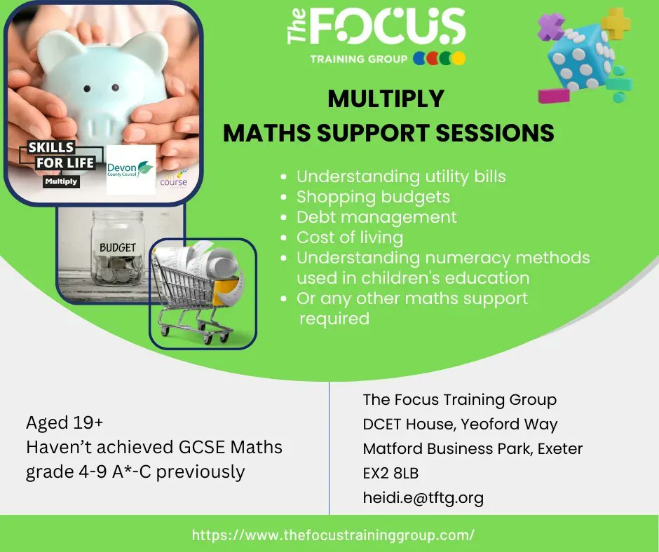 focustrainingsw's tweet photo. If you would like any maths support for FREE, please contact us!!
We can offer sessions for residents in the EX or PL postcode areas if you are 19+ and haven't previously achieved a maths GCSE (A-C,4-9)
For further details, please contact heidi.e@tftg.org 07702858201

#multiply https://t.co/TDYVjjvyAJ