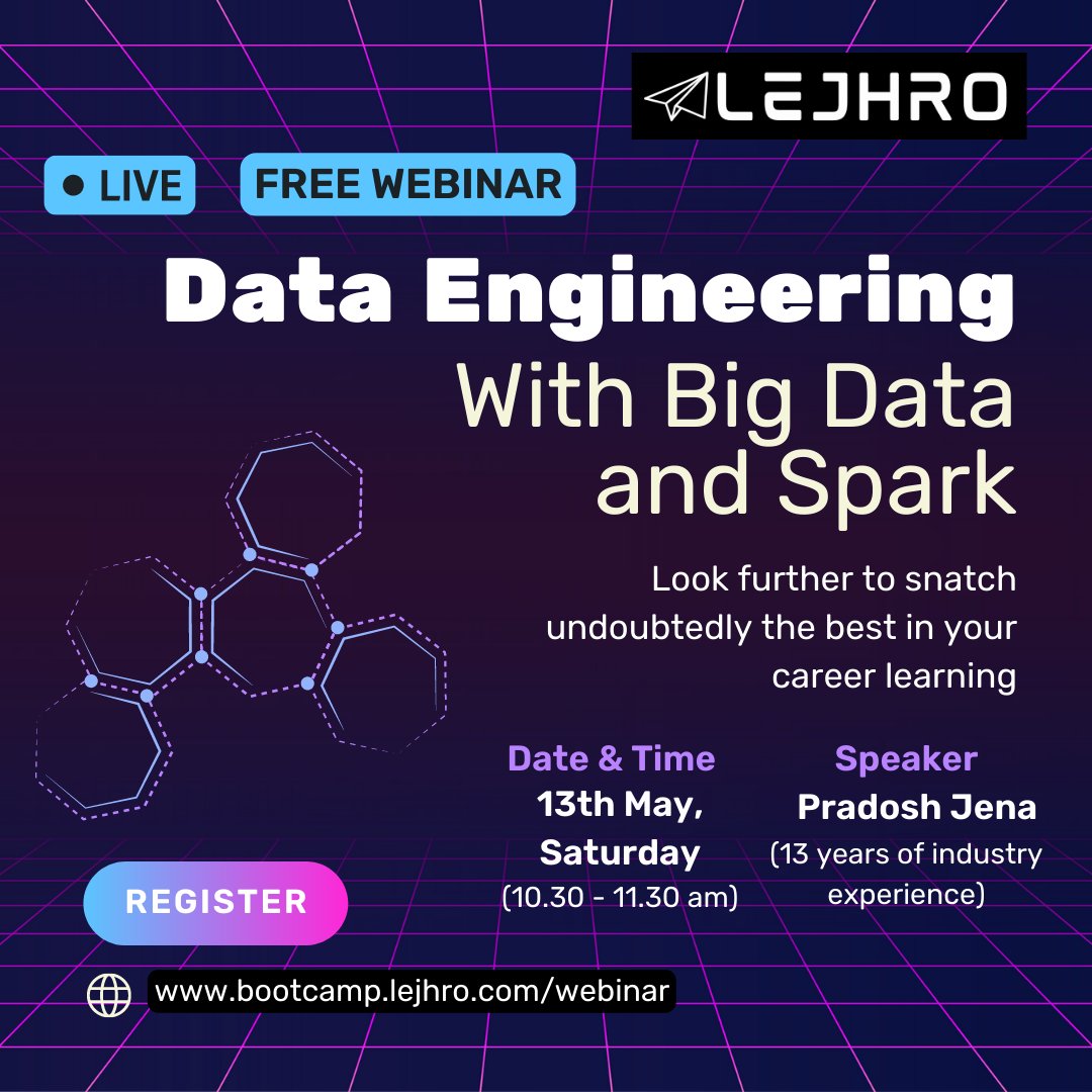 💫Elevate your skills and start unlocking the full potential of your data engineer dream with this webinar. Platform: Google Meet Date & Time: 13th May, Saturday, 10:30 - 11:30 am Register for this Free Webinar in the below link bootcamp.lejhro.com/webinar