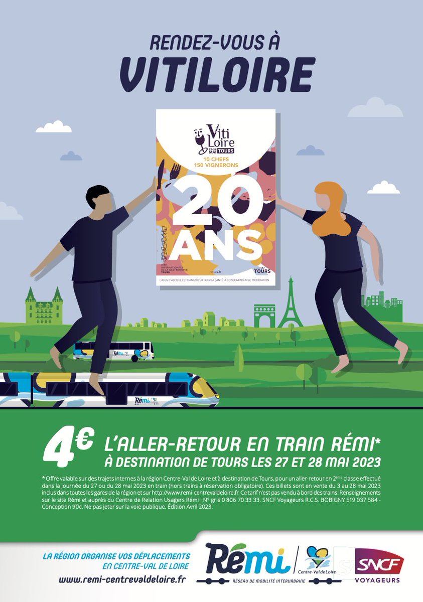 RCValdeLoire's tweet image. #Mobilité 💺
📣 Les 27 et 28 mai, @Vitiloire_Tours fête ses 20 ans ! Un voyage avec 150 exposants autour des vins du #ValdeLoire 🍷

🚆 Allez-y à tarif réduit avec Rémi : la @RCValdeLoire propose l'A/R à 4€ vers #Tours depuis n'importe où en région 👍

🔗 rcvl.fr/RemiVL23