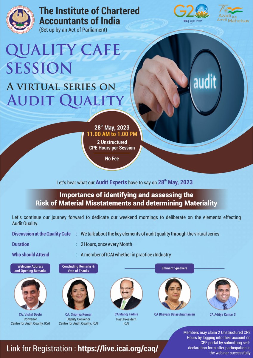 caq_icai's tweet photo. "Quality Cafe- A virtual series on Audit Quality", the 11th session has been scheduled on 28th May 2023 from 11:00 AM to 1:00 PM.
Link for the Registration:
https://t.co/3xpsVTSBaE
#qualitycafe #auditinaction #auditing #qualityaudit #audit #icai #charteredaccountant #cafirms https://t.co/mRHUGsfadK