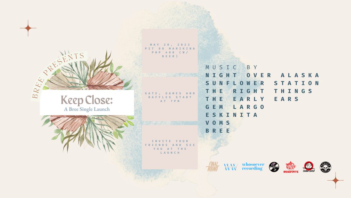 musicofbree's tweet photo. Join us for our Single Launch on May 20 at Pit 88 Marikina!
Feat. Music of:
@sflowerstation @eskinitatheband @TheEarsAreEarly @GemLargo #TheRightThings #Voms #NightOverAlaska
Co-partners:
@FinalPromotions @CdsAtbp @rakistaradio @oldforestrecord #ResonateCoffee #SiomaiCartel https://t.co/yrUM1EZDil