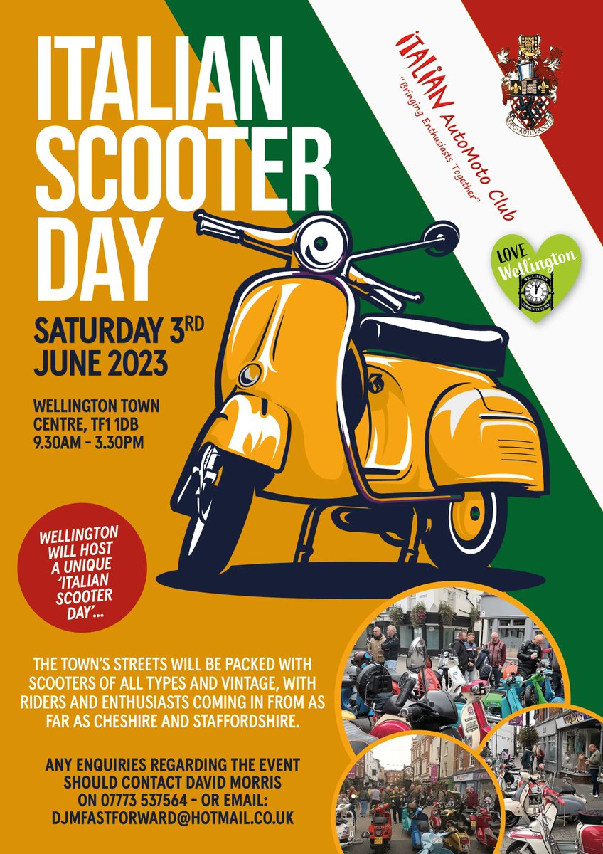 Italian 🇮🇹 Scooter Day  🛵 🛵 🛵 
Sat 3 June the town’s streets will fill with scooters of all types &amp; vintage, with riders coming from near and far. A great day out and a great day for Wellington! 💚 #LoveWellington #scooter #italian
Scooters will be in town from 9.30am-3.30pm