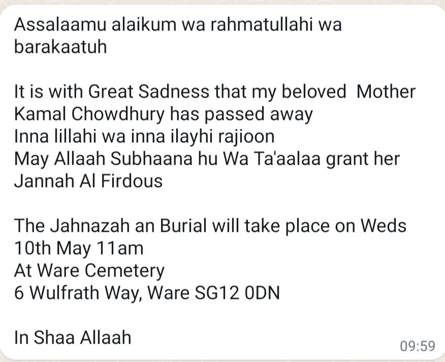 Reaching out to all my friends and family who live in this world and the next, as my dear ma-ma takes her final journey.     

Nanu, Biochemist, Human Rights @BuryCouncil
Molecular Biologist @UnivofDhaka
She inspired the future @qmuldiversity @QMULSciEng