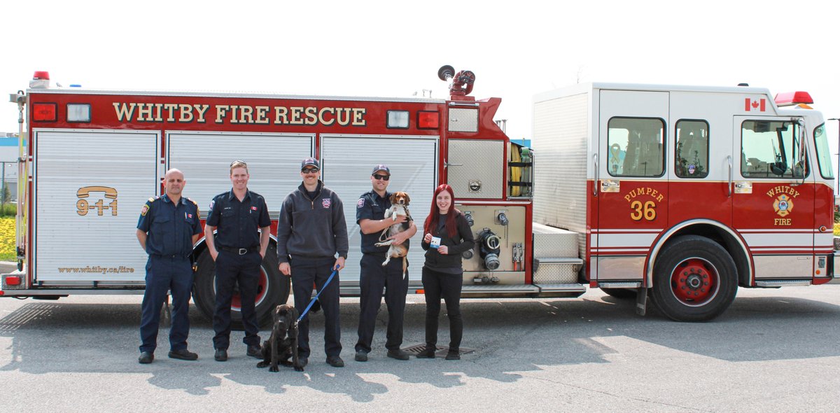 WhitbyFire's tweet photo. Remember to plan for your pets in your Emergency Preparedness kit! Today Engine 33 crew got to meet Tater and Glory at the animal shelter with Operations manager Shannon #emergencypreparednessweek #whitbyfire https://t.co/bOK7owrSV9