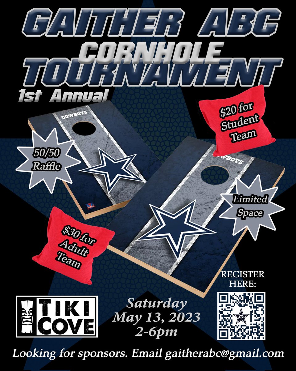 We have a few spots remaining for teams in our 1st Annual Cornhole Tournament. Prizes for first through 3rd are growing every day. 1st place currently gets about $200 in gift cards for each player. Come out and compete while helping our Gaither Athletes.

Go Gaither!!!