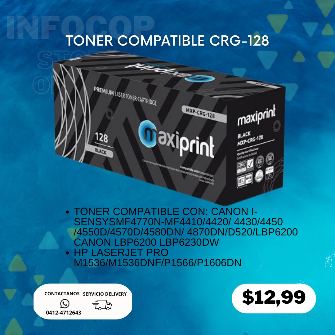 ServInfocop's tweet photo. Toner Compatible Maxiprint CRG-128 Para Canon MF4410/4420/4430/4450/4550d/4570d/4580dn/ 4770 /4870DN/D520/LBP6200 Canon LBP6200 LBP6230dw
Rendimiento:2.100 impresiones a una Cobertura del 5% https://t.co/YxGPufskwn