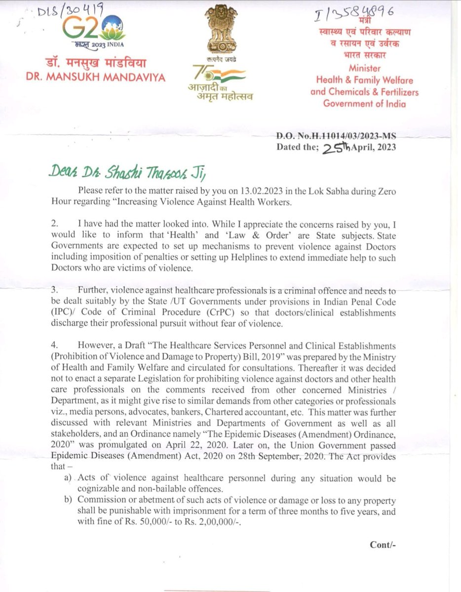 ShashiTharoor's tweet photo. This horrifying murder of a doctor in Kerala comes two weeks after Health Minister @mansukhmandviya's letter to me spelling out why it can't happen &claiming no new measures are necessary: https://t.co/G8IlBlhSGD
A young doctor has lost her life while in service, at the hands of a patient brought in by @TheKeralaPolice, who stood watching. Our system's inability to protect the lives of those who save others' lives disgraces us all. As I demanded in Parliament, urgent corrective measures must be taken without further delay.