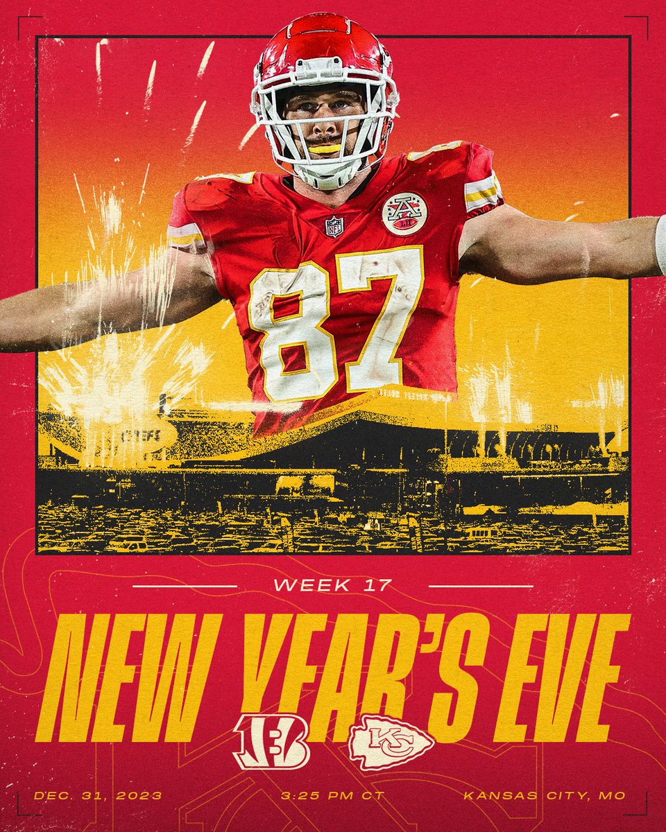Chiefs's tweet image. Ending the year with a bang. 

Chiefs vs. Bengals. New Year&apos;s Eve. ⏰