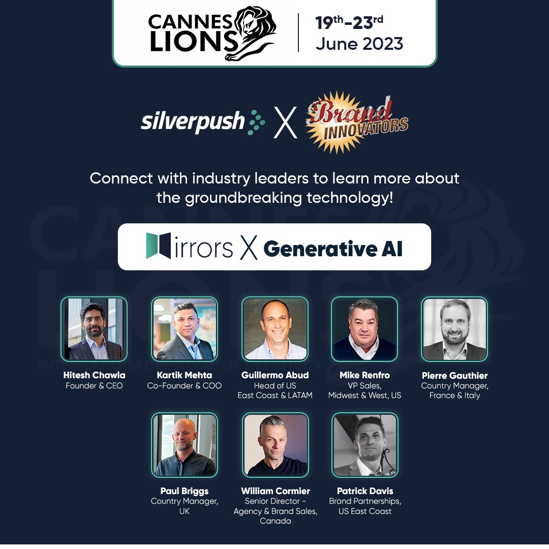 SilverPush's tweet photo. The stage of @Cannes_Lions is set and so are the leaders of #Silverpush.
Hold your seat tight as we unveil our groundbreaking #technology MIRRORS X GENERATIVE AI, capable of taking the #advertising industry by storm. https://t.co/Kjq02mpRNI