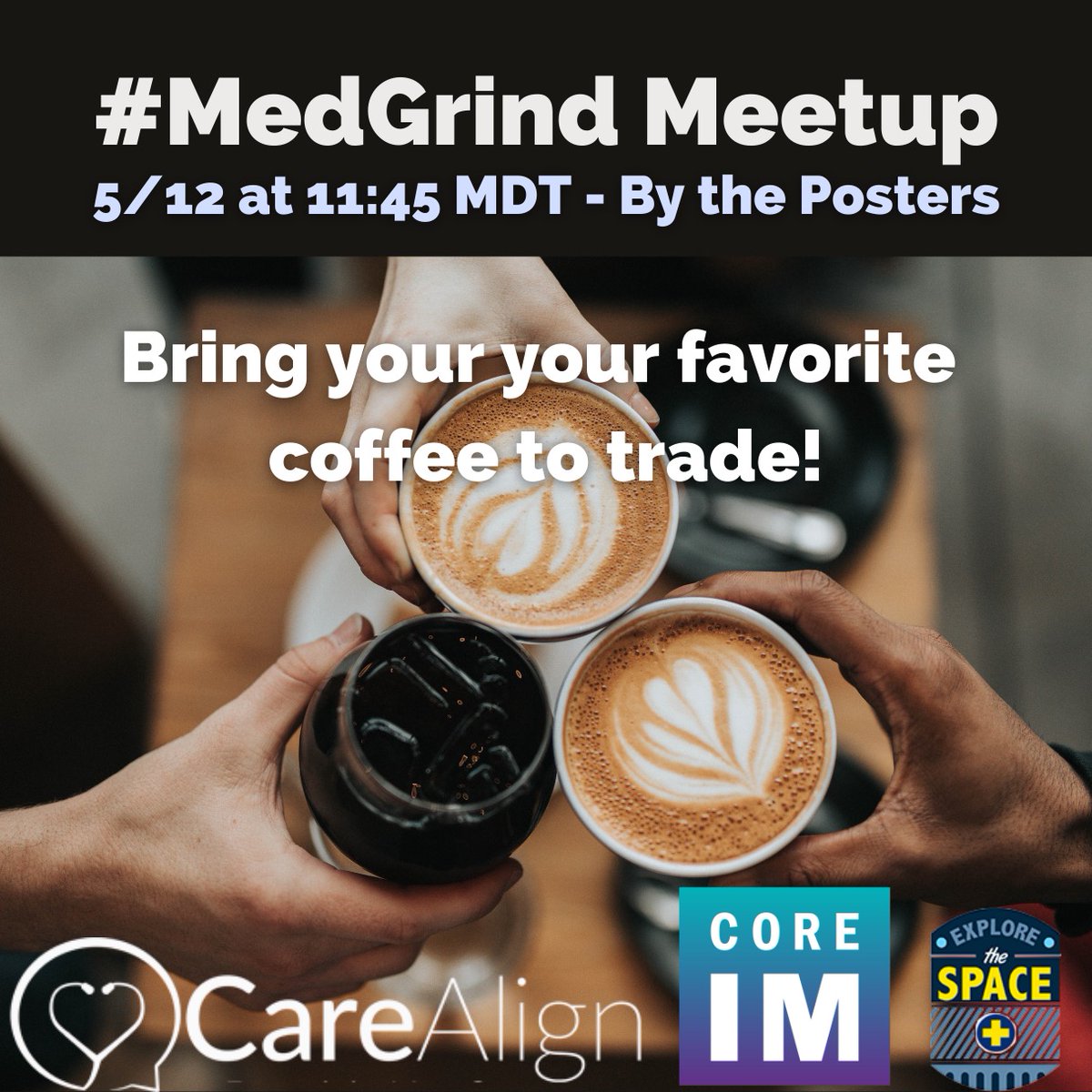 #MedGrind Meet up #Tweetup 
@ #SGIM23 Friday at 11:45A

These are so much fun! We trade coffee (or tea, dog biscuits or hugs), make friends, take selfies, hang out together!