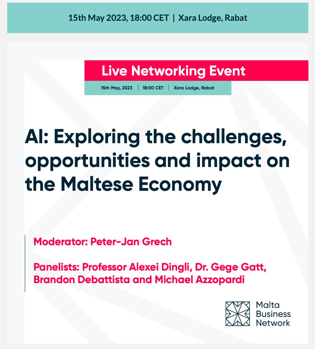 Join this @MaltaBN event on Monday to explore the potential impact of #AI on Malta's economy. I'll share the stage with @alexieidingli, Michael Azzopardi from @EYnews, Peter Grech & Brandon Debattista📍Xara Lodge, 15 May, 6pm. Register here https://t.co/54HgMVV6l1 #AIFutureMalta