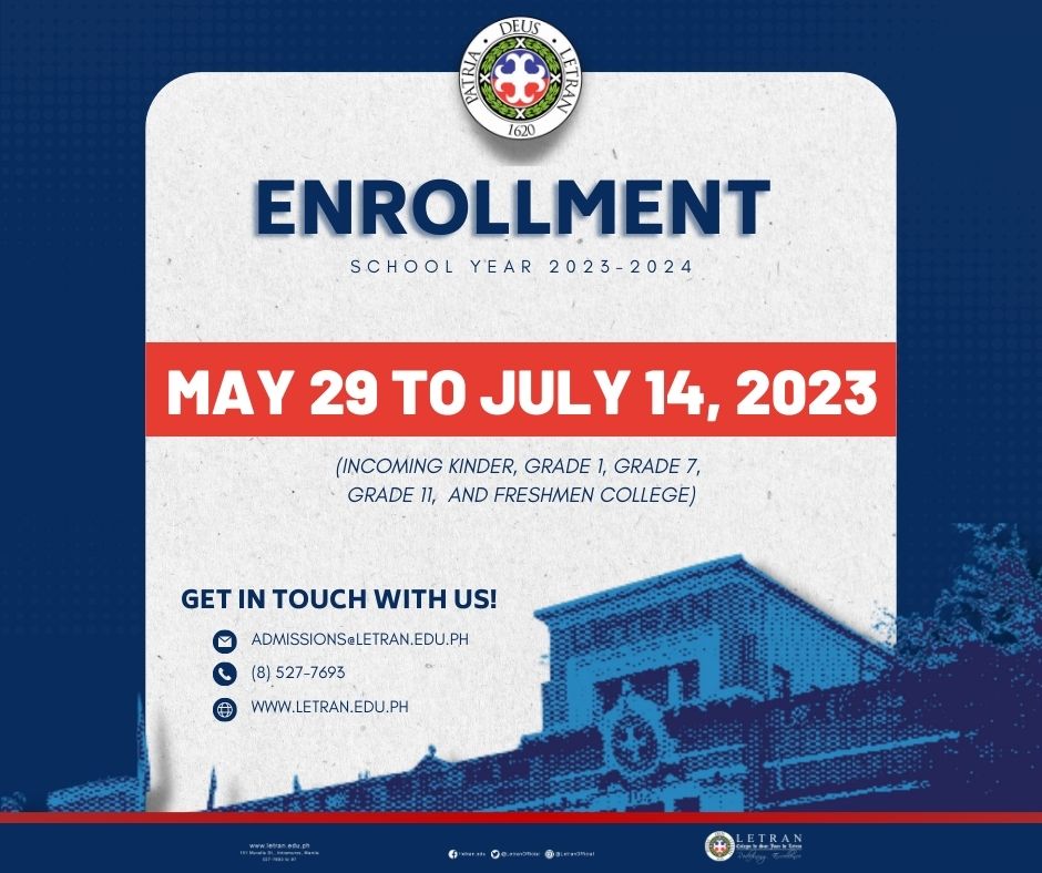 LetranOfficial's tweet image. ANNOUNCEMENT:

To all accepted new students, ONLINE &amp;amp; ONSITE enrollment for the SY 2023-2024 will start on Monday, May 29, 2023.

Fill out the application form online and reserve your slots at letran.edu.ph/admission.

Be Your Own Champion! Be a Letranite!