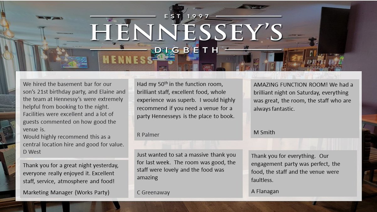 HennesseysBrum's tweet photo. We provide the perfect function room for any special occasion. Plus, we provide excellent service and hospitality to make your event simply amazing!
https://t.co/WlU1G5rooO
#functionroomhire #specialevents #weddings #corporateevents https://t.co/ScZZ1kbKTk