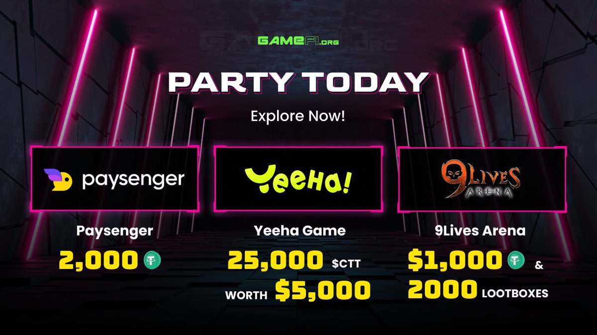 ✨PARTIES IN MAY LIVE NOW!✨

🤖 <a href="/Ego_Paysenger/">EGO</a>: $2,000 Airdrop⬇️
gamefi.org/party/paysenge…

💡 <a href="/YeehaGames/">Yeeha Games</a> X @OUTER_GAME: $5,000 $CTT Airdrop⬇️
gamefi.org/party/yeeha-so…

⚔️  <a href="/9livesarena/">9Lives Arena</a>: $1000 &amp; 2000 Lootboxes Airdrop⬇️
gamefi.org/party/9-lives-…

Ez task ez cash let's freaking go😈
