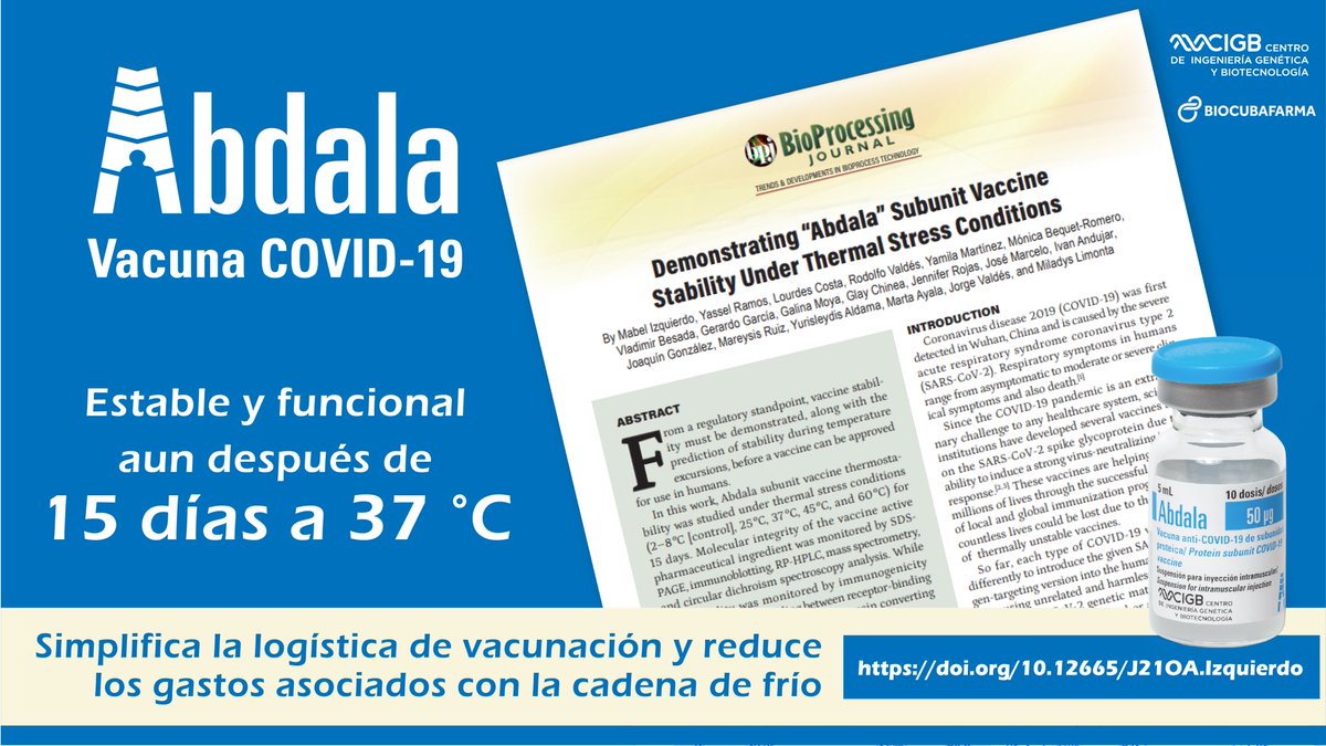 #Abdala es una #vacuna altamente termoestable, lo que facilita las condiciones para su almacenamiento y transportación. Esta propiedad le confiere ventajas de uso en las campañas de #inmunización, ya que no requiere de capacidades de congelación.