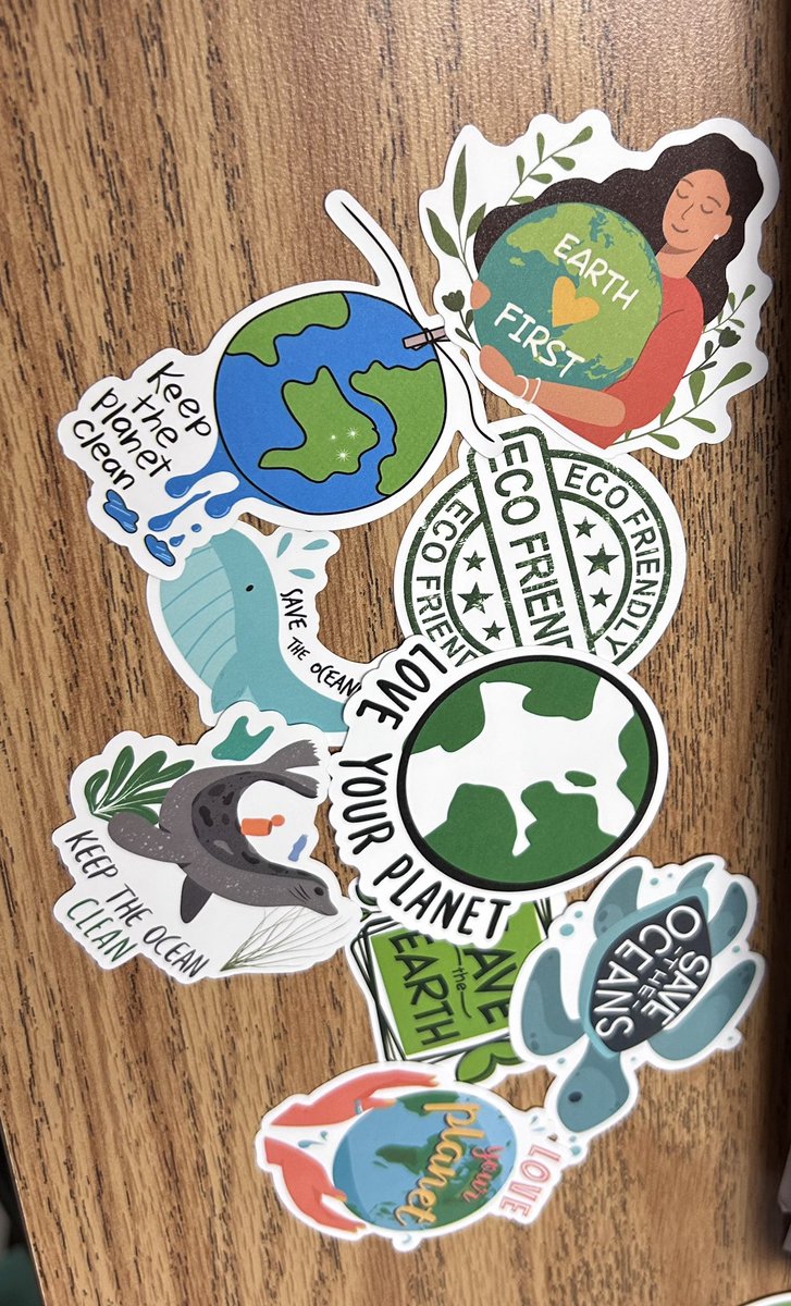 JennaAsher_Wise's tweet photo. I love these earth day stickers I found for my symposium board!  I can’t wait to use them to explain sustainability in the fashion industry.  @YHSMrsMero #YHSWISE #WISE2023 #FashionMerchandising https://t.co/SWnh1ODK3q