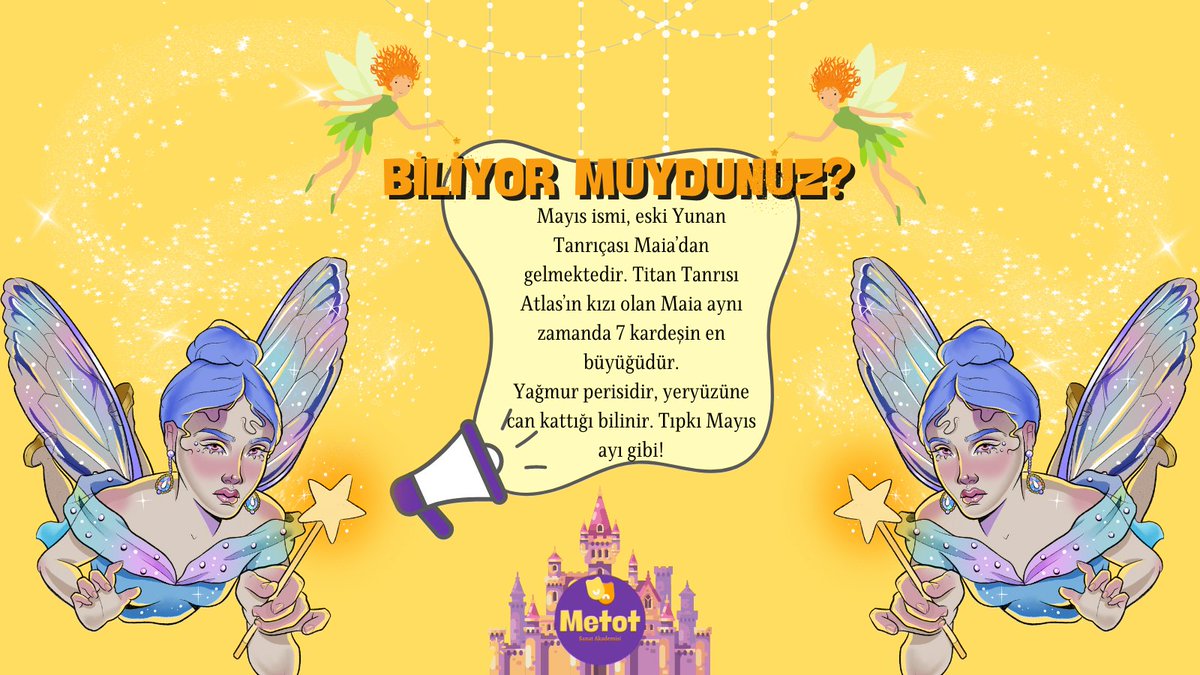 Biliyor Muydunuz?
...
..
.  
Mayıs ismi, eski Yunan Tanrıçası Maia’dan gelmektedir. Titan Tanrısı Atlas’ın kızı olan Maia aynı zamanda 7 kardeşin en büyüğüdür.
Yağmur perisidir, yeryüzüne can kattığı bilinir.
#sanat #mayısayı #şan #tiyatro #müzikal #piyano