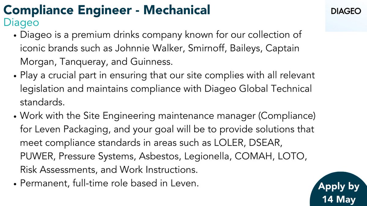 EquateScotland's tweet image. Great opportunity @Diageo_News for a compliance engineer - mechanical.

Find out more and apply here:
equatecareerhub.org.uk/job/diageo-com…

#womeninengineering #engineeringjobs #engineeringroles #mechanicalengineering