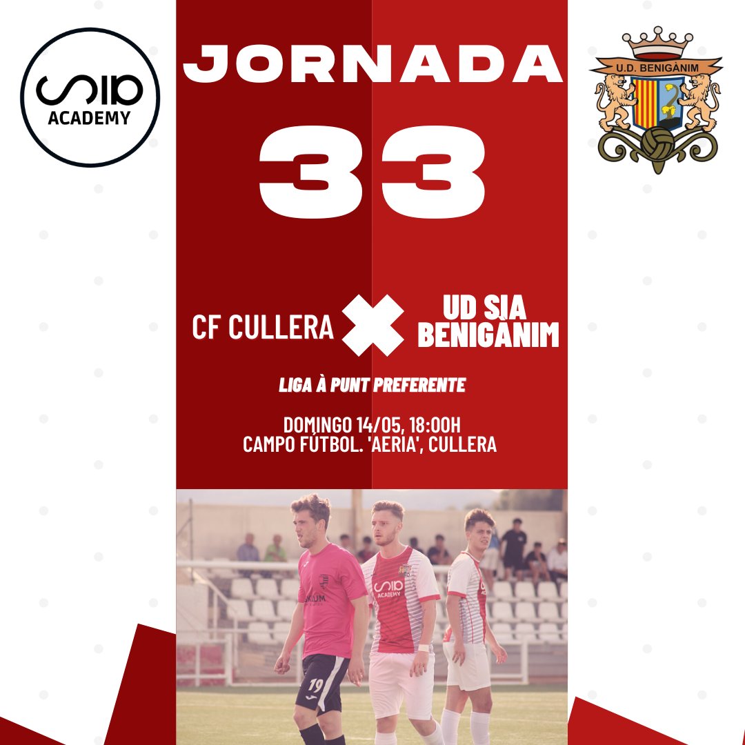 𝙉𝙪𝙚𝙫𝙖 𝙟𝙤𝙧𝙣𝙖𝙙𝙖 𝙡𝙞𝙜𝙪𝙚𝙧𝙖 ⚽️

🏆 Jornada 33
🆚 CF Cullera
🏟 Campo Fútbol 'Aeria'
📍 Cullera
📆 Domingo 14 de mayo
🕘 18:00H

#ApuntPreferent
#AvantGanxuts ⚪️🔴⚪️
