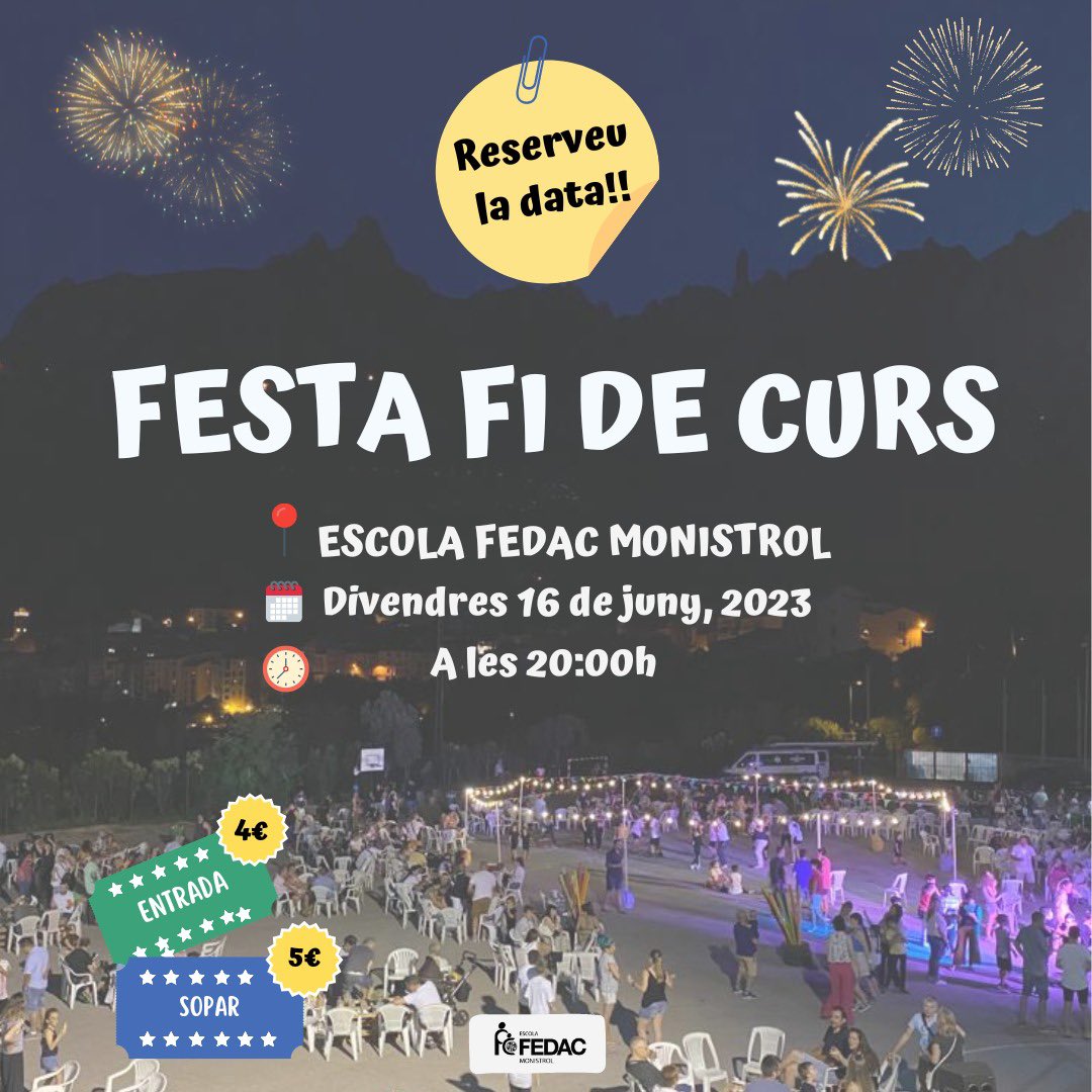 Us comuniquem la nostra festa de fi de curs 2022-2023!
Per ara, RESERVEU-VOS la data.
🗓️ Divendres 16 de juny
📍 Pati de l'escola Gran
⏰ 20:00h
🌭 El bar serà a càrrec d'algunes de les famílies de 5è de l'escola.

US HI ESPEREM A TOTS I TOTES!!! 💃🏼