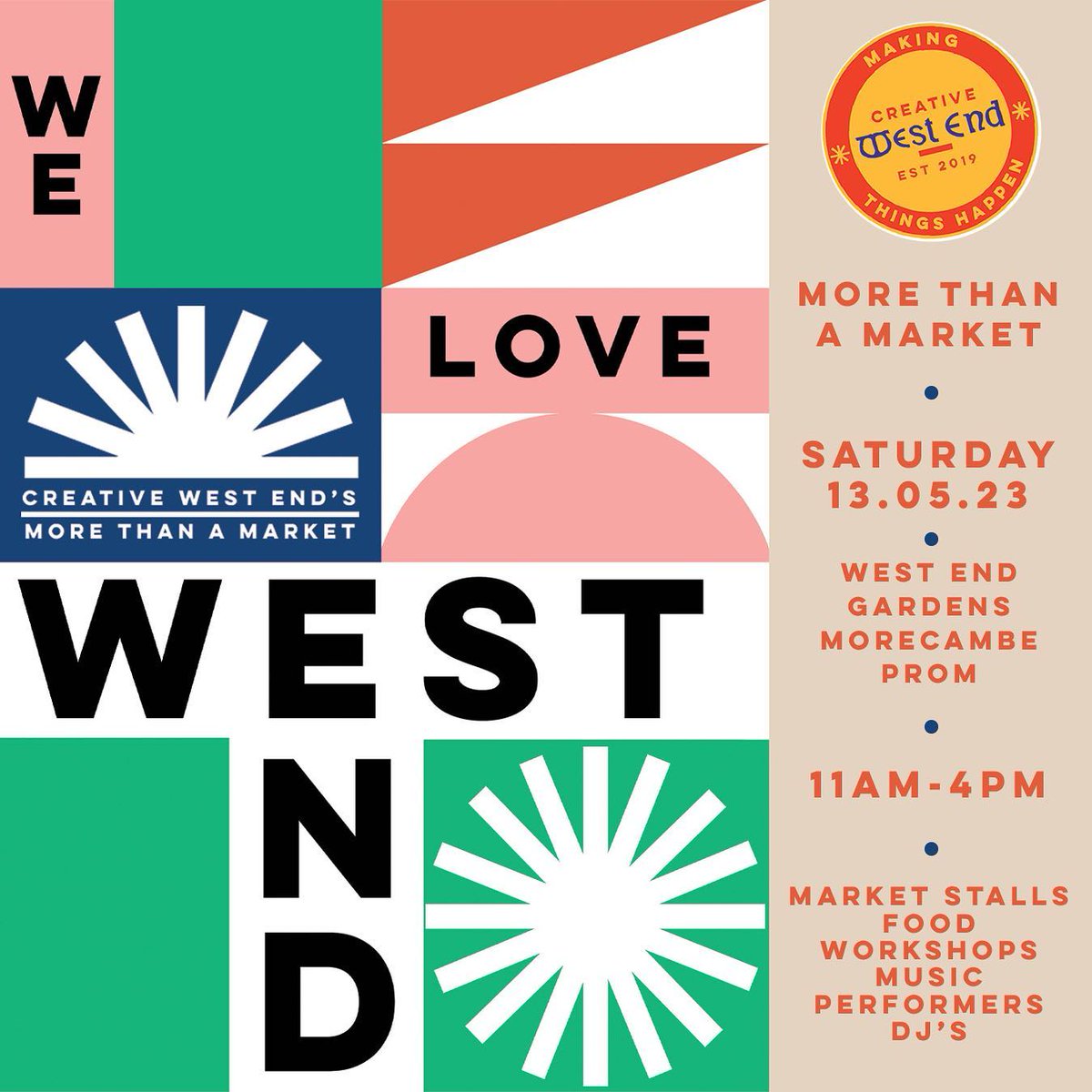 MoreMusic1's tweet image. The Creative West End ‘More than a Market returns THIS SATURDAY! 

Running from 11am - 4pm in the West End Gardens (on Morecambe Prom) there will be market stalls, music, DJ, open mic, art activities and more! 🎨 🎶 

Design by Molly Bland.

#morethanamarket #fantasticmorecambe