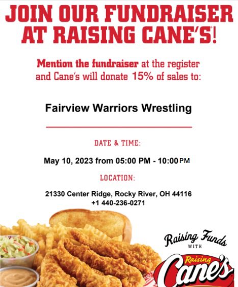 Don’t forget to grab some Cane’s tonight to support Fairview Wrestling!!