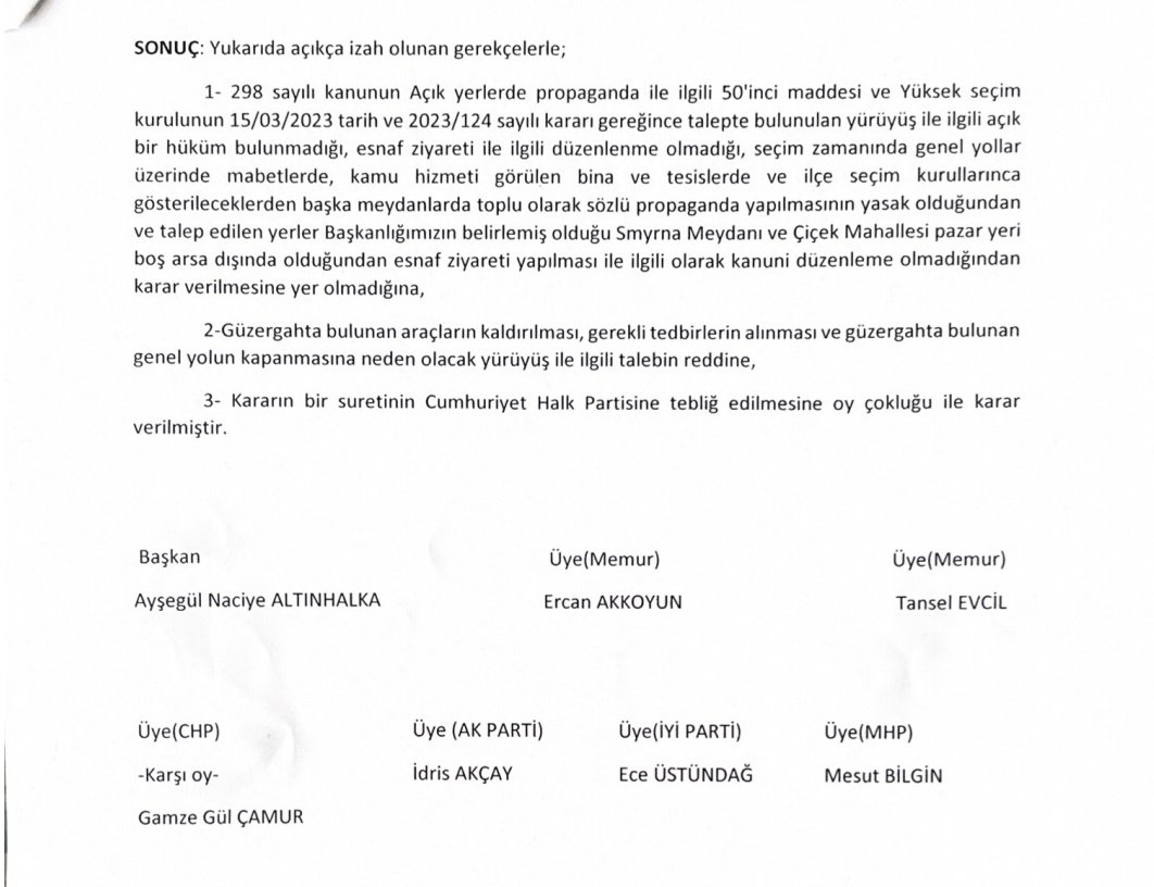 Sayın Tunç Soyer

Başvurunuz üzerine İlçe Seçim Kurulu bu yürüyüşünüzün yasal olmadığına karar verdi.

Şimdi soruyorum: İlçe Seçim Kurulu kararını tanıyacak mısınız, yoksa seçim kurallarını çiğnemeye mi başlayacaksınız?? <a href="/chpizmiril/">CHP İZMİR İL BAŞKANLIĞI 🇹🇷</a> <a href="/tuncsoyer/">Tunç Soyer</a>