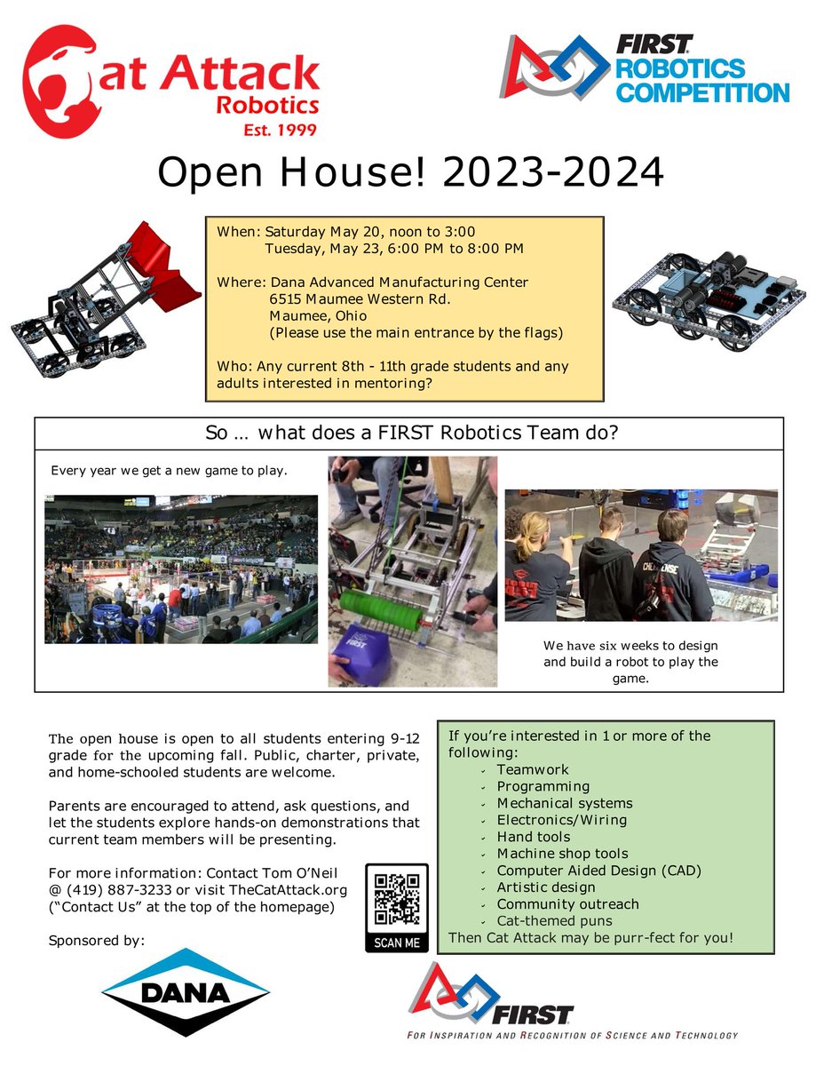 Our annual recruiting Open House is back this year with 2 different days to come visit! No appointment needed, bring your friends! We'll have robots you can drive, tech demonstrations, and giveaways! Hope to see you there!