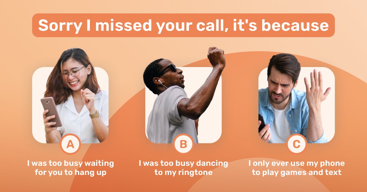yollacalls's tweet photo. In the 20th century, not answering the phone was considered rude at the very least. However, today there are many valid reasons for not answering or returning calls.
So, which reason suits you best: A, B or C? Share your opinion in the comments below! 👍
#callingapp #calls https://t.co/RbO3DF3ZX6