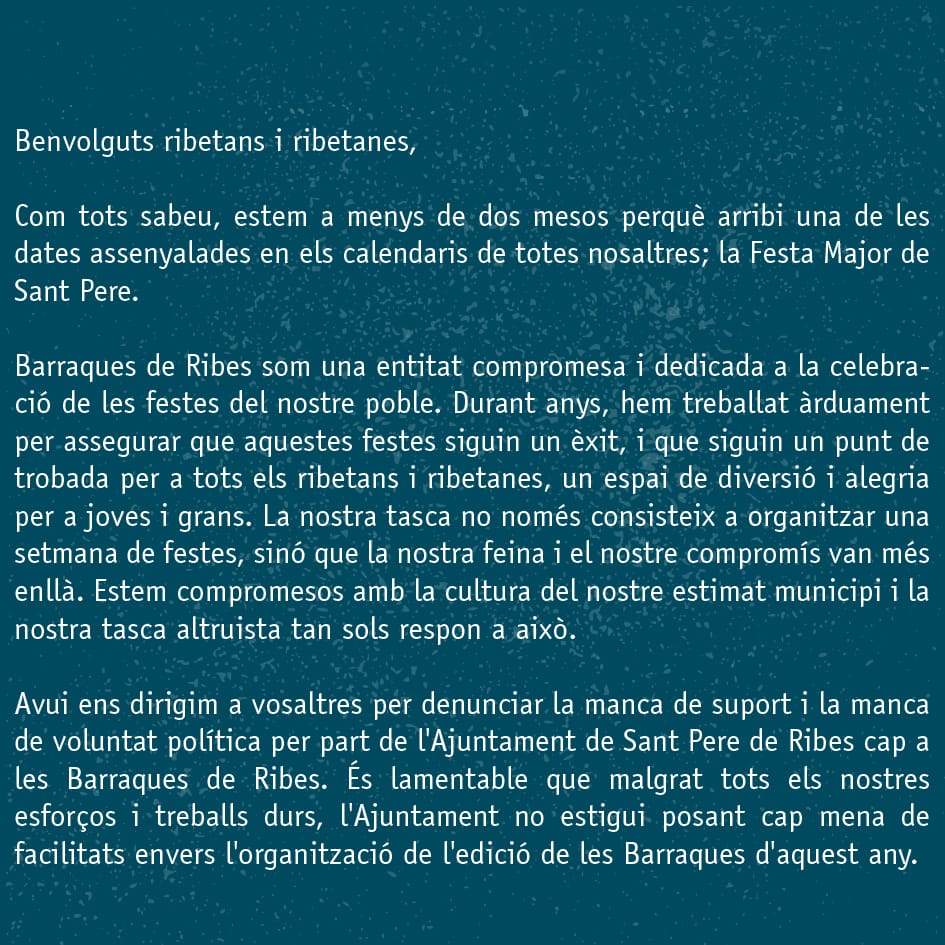 🔴 COMUNICAT BARRAQUES DE RIBES 🔴

Avui ens dirigim a vosaltres per denunciar la manca de suport i la manca de voluntat política per part de l'Ajuntament de Sant Pere de Ribes <a href="/santperederibes/">Sant Pere de Ribes</a> cap a les Barraques de Ribes.