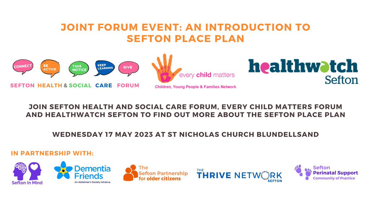 Join <a href="/SeftonHSCForum/">Sefton H&SC Forum</a>, <a href="/ECMForumSCVS/">ECM Forum Sefton CVS</a> &amp; <a href="/HWatchSefton/">Healthwatch Sefton</a> for a special forum event at St Nicholas Church, Blundellsand on Wednesday 17 May 2023.

The event is a chance to participate in the development of the Sefton Place Plan. 

Register: bit.ly/425A9KK

#SeftonPartnership