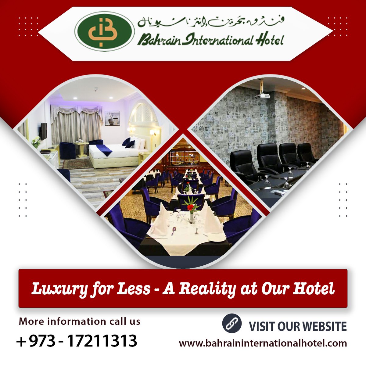 BahrainIntHotel's tweet photo. Looking for luxury, comfort and affordability in one place? Look no further! We at Bahrain International Hotel are proud to offer a 4-star experience that is both luxurious and affordable. 
🌐 https://t.co/11O0C1ypMR
📞 +973 1721 1313
#4StarExperience #LuxuryVacation https://t.co/T6aFSAN3Fe