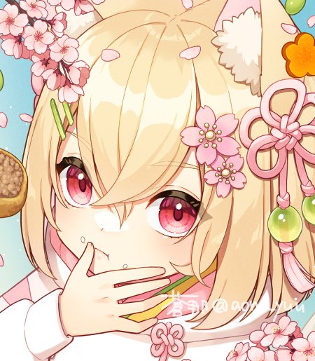 1girl animal ears food blonde hair fox ears skirt cherry blossoms  illustration images