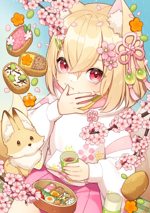 1girl animal ears food blonde hair fox ears skirt cherry blossoms  illustration images