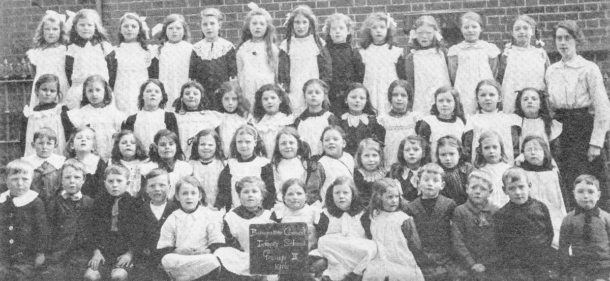 Bishopstoke Council Infants School, Group 3, 1916. This infants school building was opposite St Mary's Church and has been demolished for housing. A slightly later building on the site, originally the junior school, still stands, and is used by Bishopstoke Community Association.