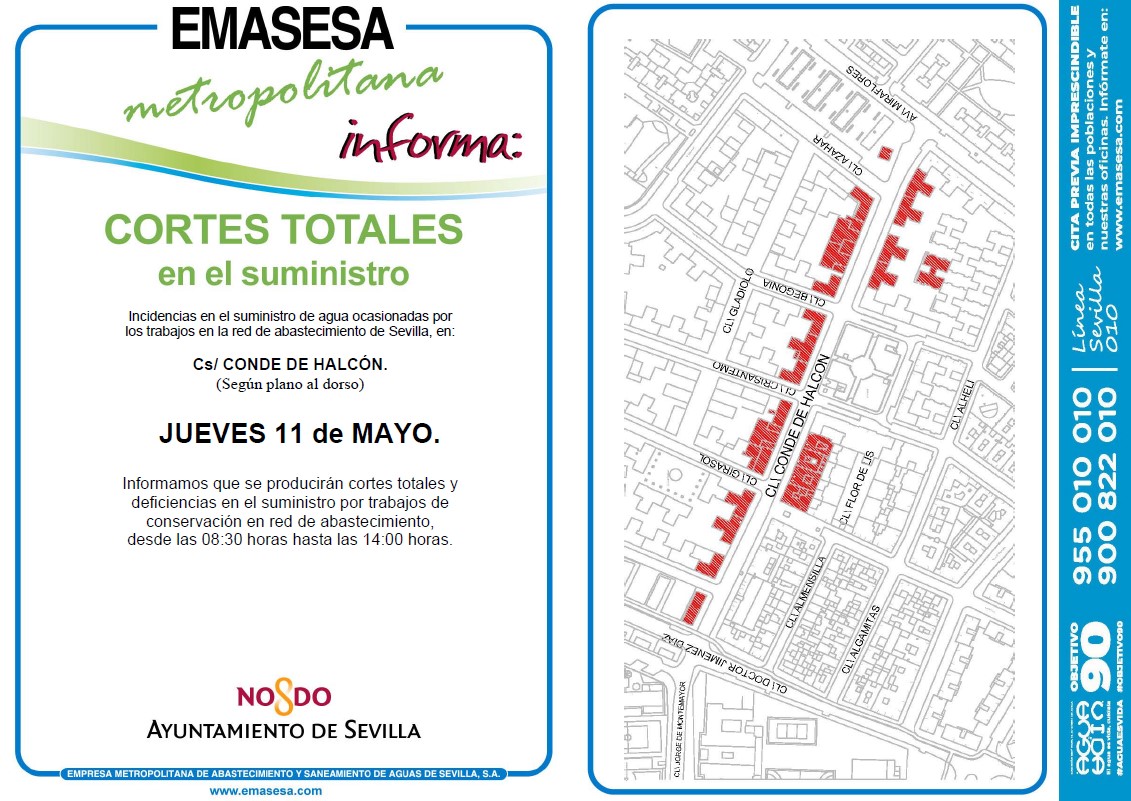 AAVPioXII's tweet image. INFORMACIÓN @emasesa
📍C/Conde de Halcón
📆 11 de Mayo de 2023
🔴AVISOS CORTE DE SUMINISTRO
🕕 De 08:30 a 14:00 horas
#DistritoMacarena #Sevilla #pio12 #Sevillahoy #emasesa #avisos #ayuntamientodesevilla