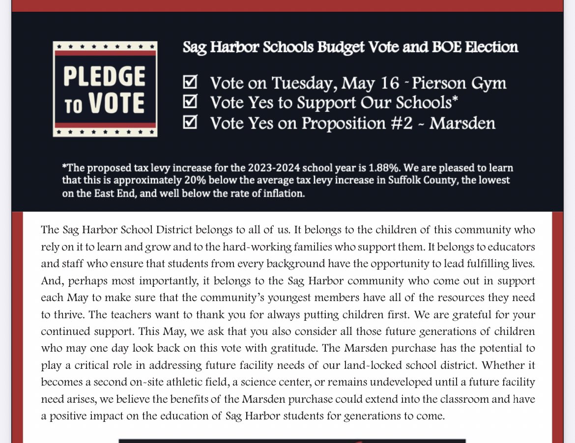 When you vote this Tuesday, please consider the generations of children who stand to benefit from the Marsden acquisition. This last piece of adjacent, undeveloped land is likely to be essential to meet their future learning and facility needs. #yestomarsden #sagharbor