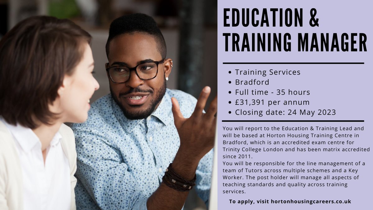 Looking for a new job? 

We're recruiting for an Education and Training Manager based in Bradford.

For more information and to apply, visit hortonhousingcareers.co.uk/job/education-…

#jobs #Bradford #education #training